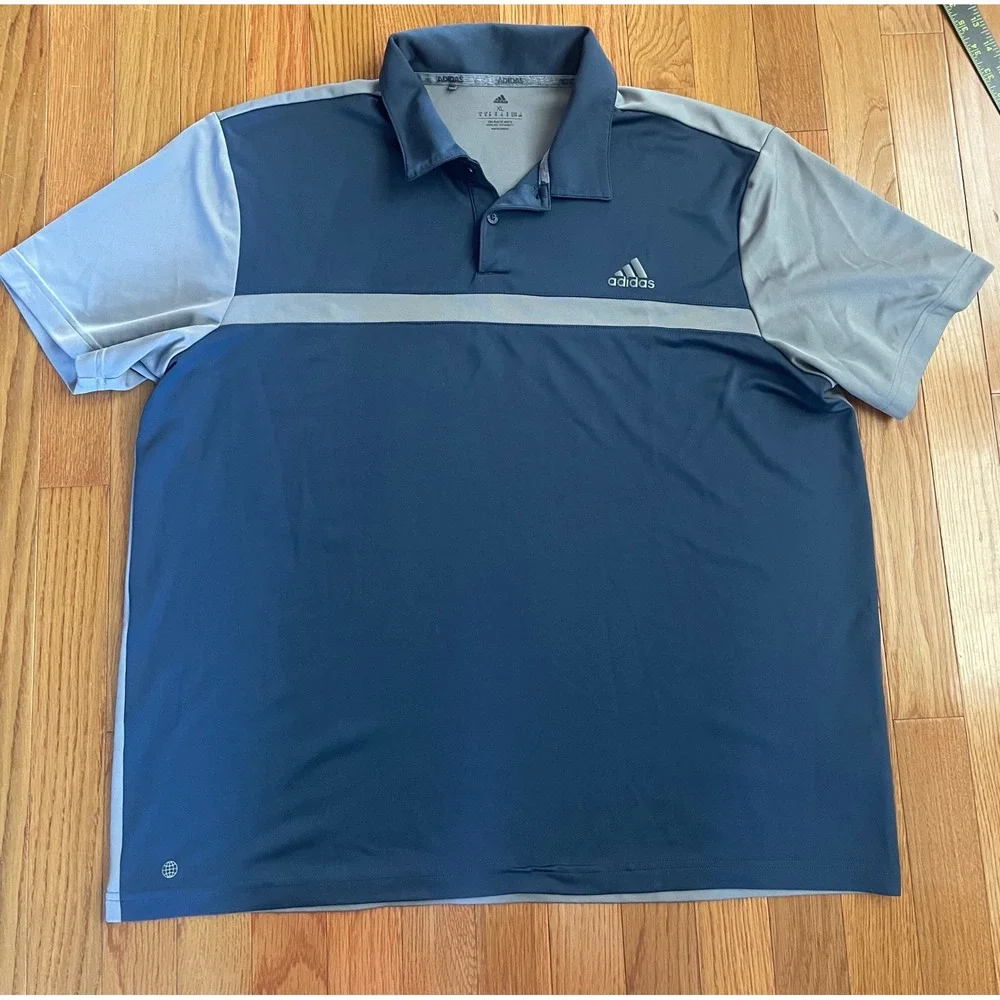 Adidas Mens XL Blue Grey Colorblock Short Sleeve Golf Polo Shirt Athletic Top